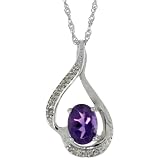 14k White Gold 18 in. Chain & 3/4 in. (20mm) tall Swirl Pendant, w/ 0.07 Carat Brilliant Cut Diamonds & 0.85 Carat Oval Cut 7x5mm Amethyst Stone