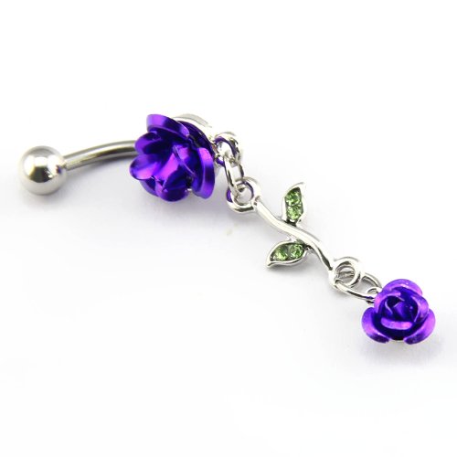 316L Surgical Steel 14G Lovely Purple Doubling Metal Rose Flower Dangle Navel Ring Belly Bar Button