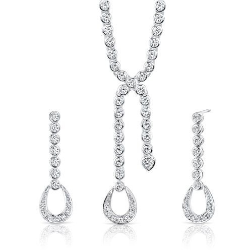 Dazzling Chic: Sterling Silver Lariat Tennis Necklace Earrings Set with White CZ Diamonds Free Shipping