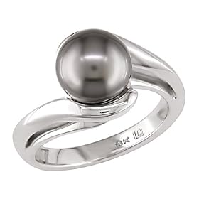 14k White Gold Round Black Tahitian Pearl Ring (8-9 mm) by
