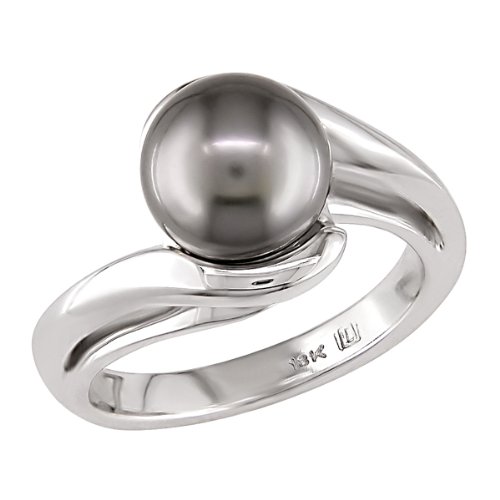 14k White Gold Round Black Tahitian Pearl Ring (8-9 mm)