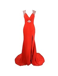 Sexy V-neck Chiffon Slit Beaded Cocktail Evening Dress/Bridesmaid Dress/Prom Dress/Wedding Party Dress 