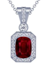 14K White Gold Cushion Cut Ruby And Round Diamond Pendant