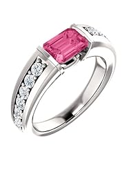 14K White Gold 7.00x5.00mm Emerald Cut Pink Tourmaline and Diamond Ring -- LIFETIME WARRANTY