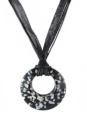 Necklace - N119 - Open Round Murano Glass ~ Black and White hung on 5 Strand Organza and Cotton Cord + 2" Extension Chain
