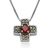 Sterling Silver Marcasite and Garnet Cross Pendant, 18"