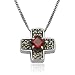 Sterling Silver Marcasite and Garnet Cross Pendant, 18"