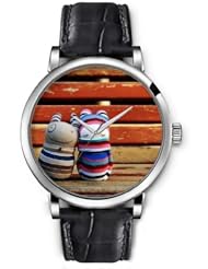SPRAWL Aanalog Fashion Series Silver Ladies Watches of Genuine Black Leather Strap,Unique Wrist Watch for Women Girls Designed with Cute dolls on bench