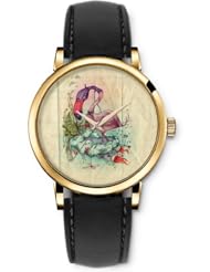 SPRAWL Aanalog Fashion Series Gold Ladies Watches of Genuine Black Leather Strap,Unique Wrist Watch for Women Girls Designed with Flamengo with purple head and little red