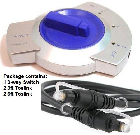 Digital Audio Optical Toslink 3-Way Selector / Switch with 2 6ft and 2 3ft Toslink Cables