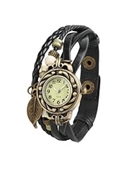 HACBIWA Quartz Fashion Lady Women Weave Wrap around Leatheroid Bracelet Black Wrist Watch
