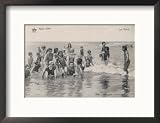 Group of Children in Striped Bathing Costumes Paddle Happily in the Surf at Heyst Sur Mer Belgium Framed Photographic Poster Print, 21x17