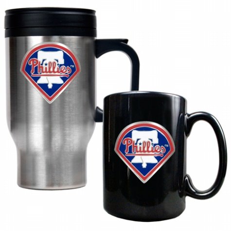 MLB Philadelphia Phillies Stainless Steel Travel Mug & Black Ceramic Mug Set - Primary Logo