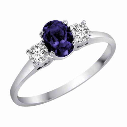 DivaDiamonds 10K White Gold 3 Stone Oval Blue Sapphire and Round Diamond Ring (0.45 ctw) - Size 8