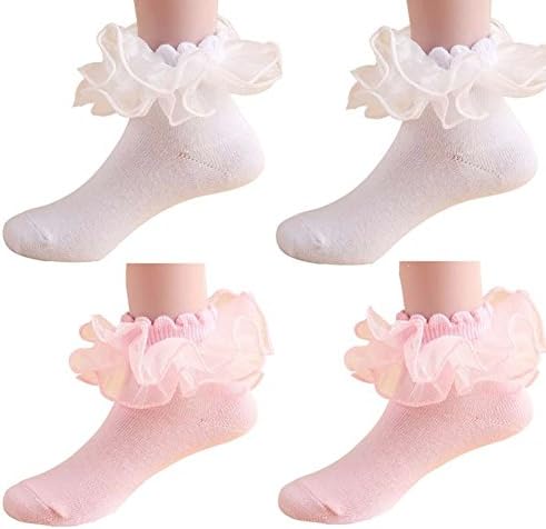Zend Girls Cute Princess Double Layer Lace Ruffle Top Dress Socks(4 Pairs),2 Pink 2 White/Small(1-3 Years)