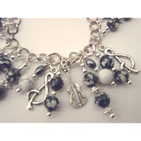 Chic Wrists Music Bracelet Obsidain Beads, Metal Guitars, Music Notes Bracelet with FREE Earrings