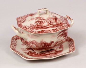 Red Toile Farm Scene Individual Casserole with Liner Tray