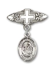 Sterling Silver Baby Badge with St. Catherine of Siena Charm and Badge Pin with Cross. Catholic Saint Catherine of Siena Patron Saint of Fire Prevention, Italy, Artists, Nursing Services & Nurses, Philosophers, Secretaries