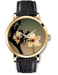 SPRAWL Aanalog Fashion Series Gold Ladies Watches of Genuine Black Leather Strap,Unique Wrist Watch for Women Girls Designed with Beige black branch with flowers