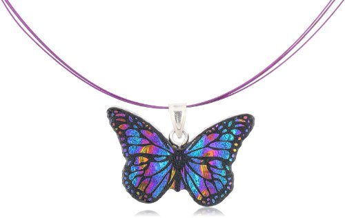 Sterling Silver Dichroic Glass Green and Purple Butterfly Pendant Necklace on Stainless Steel Wire, 18"