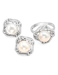 Sterling Silver Pearls and 2.65 CTW Cubic Zirconias Ladies Jewelry Set. Ring Size 7. Length 17 in. Total Item weight 6.5 g.