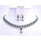 Brd707 Powder Almond Green w/ Tumarine Green Crystals Jewelry Set Handmade Bridal Necklace Set