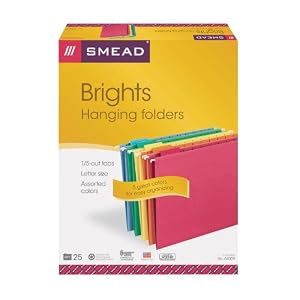 Smead Hanging File Folders, Letter Size, 1/5 Cut Tab, Assorted Colors, 25 Per Box (64059) $11.79