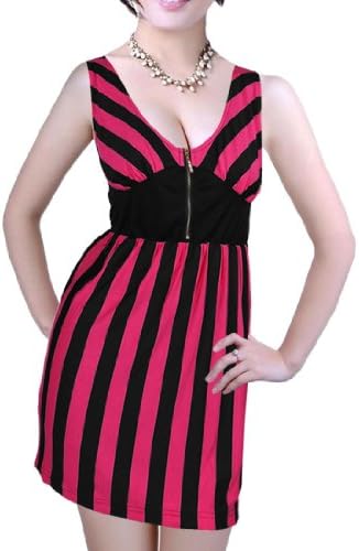 Lady Scoop Neck Sleeveless Lace Up Stripes Zipped Elastic Waist Tank Dress