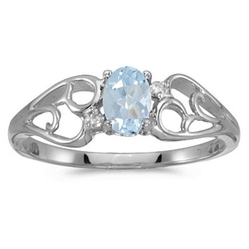 10k White Gold March Birthstone Oval Aquamarine And Diamond Ring