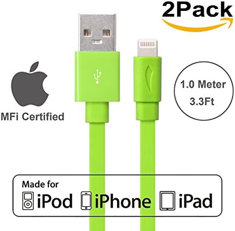 [Apple MFi Certified] 2Pack Yellowknife® 3.3ft/1m Noodle Flat Lightning Cable USB Data Sync Charging Cord for iPhone 6 6S 6Plus 6S plus SE 5s 5c 5 iPad 4 Mini Air iPod touch 5th Nano 7th - Green
