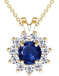 14K Yellow Gold Round Cut Blue Sapphire And Round Diamond Pendant (GIA Certificate)