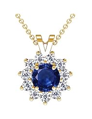 18K Yellow Gold Round Cut Blue Sapphire And Round Diamond Pendant (GIA Certificate)