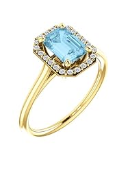 18K Yellow Gold 7.00x5.00mm Emerald Cut Aquamarine and Diamond Halo-Style Ring -- LIFETIME WARRANTY