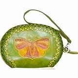 Real Leather Wristlet Purse, Butterfly & Flower Design (Green Base)
