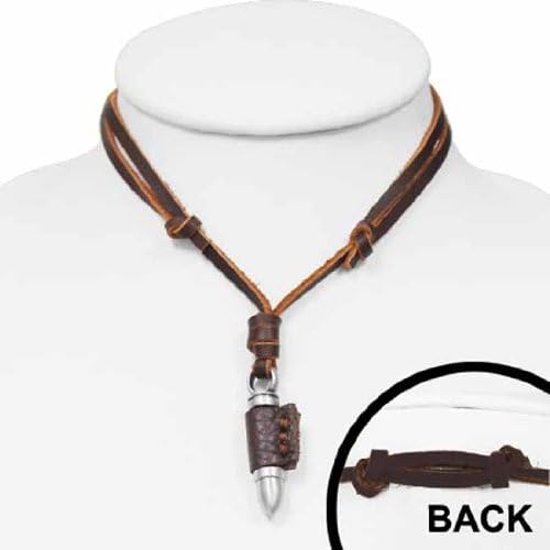 Urban Male Brown Leather Necklace Adjustable Length With Bullet Pendant