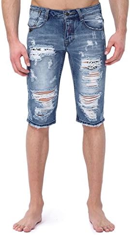 JKFUN Men's Regular-Fit Denim Ripped Destroyed Jeans Shorts Color Light Blue Size 30