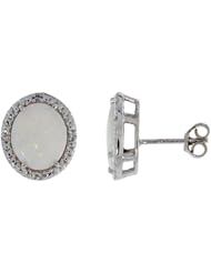 14k White Gold Oval Stone Stud Earrings, w/ 0.04 Carat Brilliant Cut Diamonds & 2.36 Carats Oval Cut (10x8mm) Opal Stone, 1/2" (13mm) tall