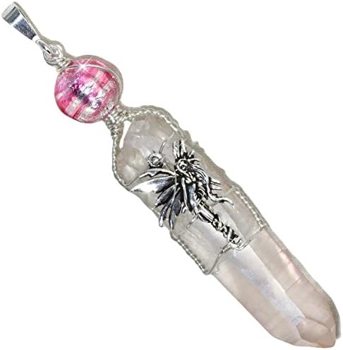 Pink Lemurian Quartz Wire Wrap Pendant in Sterling with Peter Stone Fairy, Talking Crystal By Puppylove