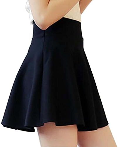 F2Y Women's Basic Solid Color Stretchy Flared Casual Mini Skater Skirt (L, Black)