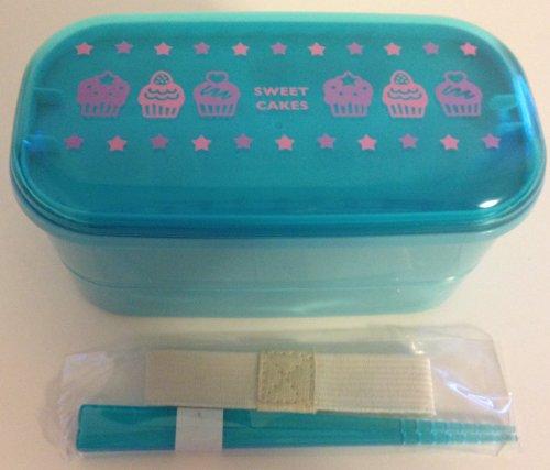 Blue Kawaii Cupcake 2 Tier Bento Lunch Box with Chopsticks and Belt