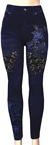 Women's Denim Printed Faux Jeans Seamless Full Length Leggings with Rhinestone (Blue 4)