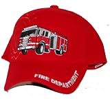RED FIRE DEPARTMENT HAT WITH FIRE TRUCK & WHITE EMBROIDERED LETTERING ON BILL