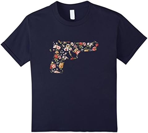 Kids Floral Gun Flower Print Pattern 9mm Handgun Pistol T-Shirt 4 Navy
