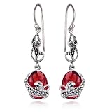 Sterling Silver Marcasite and Garnet Colored Glass Oval Wire Earrings