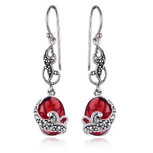 Sterling Silver Marcasite and Garnet Glass Oval Wire Earrings