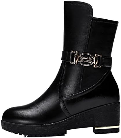 Womens Mid Heel Leather Shoes Lace Up Side Zipper Metal Buckle Black Mid-calf Warm Martin Boots EU36