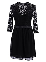 V-neck Sheer Lace 3/4 Sleeves Floral Print Skater Dress  With a Ribbon 