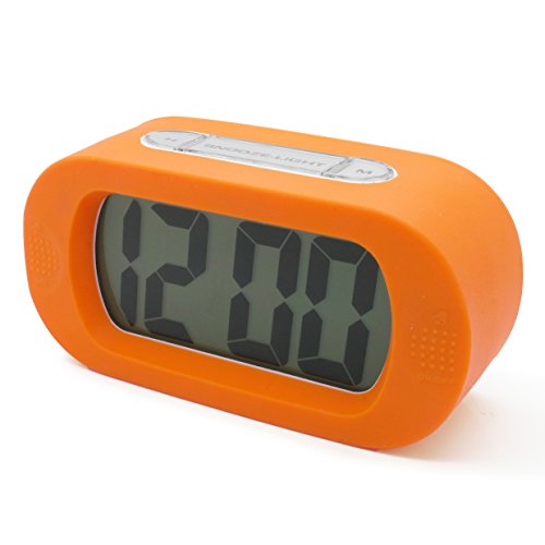 JCC Easy Setting Easy Read Silicone Protective Cover Digital Silent LCD Large Screen Bold Numbers Bedside Desk Alarm Clock with Snooze, Night Light Function, Battery Powered (Orange)