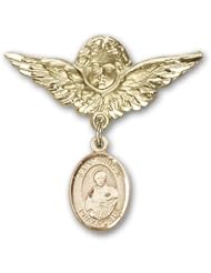 Gold Filled Baby Badge with St. Pius X Charm and Angel with Wings Badge Pin