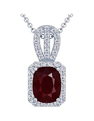 18K White Gold Cushion Cut Ruby And Round Diamond Pendant